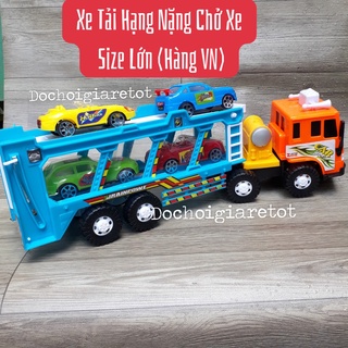 Đồ chơi xe tải container đầu kéo 2 tầng siêu to chở 4 xe ô tô nhỏ, xe có trớn hộp kính 47cm
