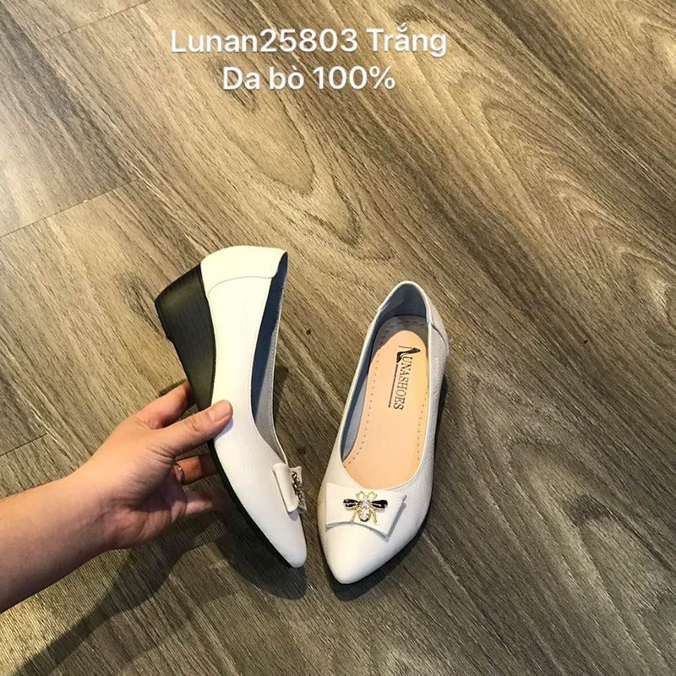 Giày đế xuồng nữ da bò êm chân Lunashoes 25803 hàng vnxk bảo hành 2 năm mũi nhọn da thật có nơ con ong hàng hiệu cao cấp