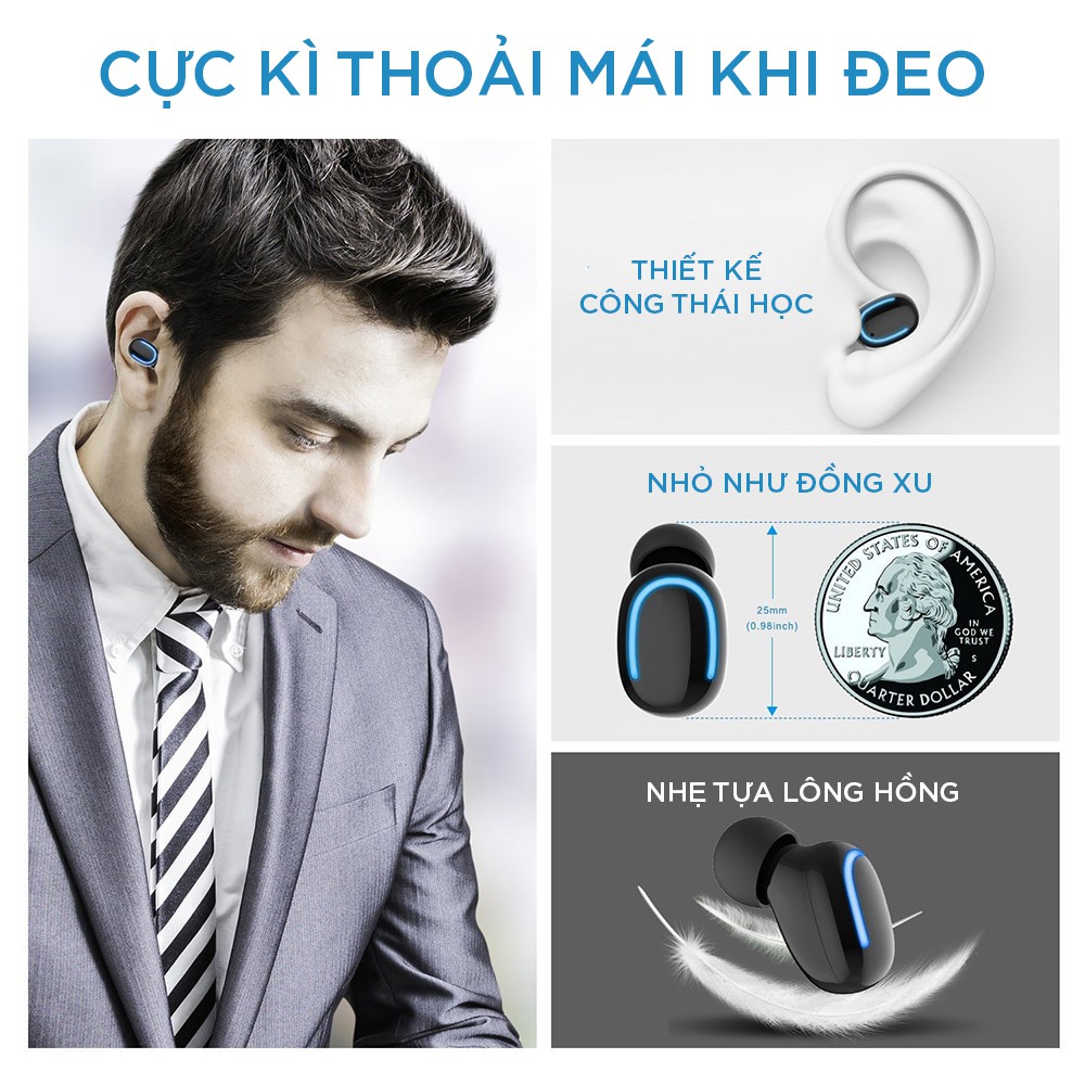 Tai Nghe Bluetooth Không Dây HBQ-TWS, Chống Nước IPX7, Tích Hợp Micro, Nhỏ gọn - Giá Tốt