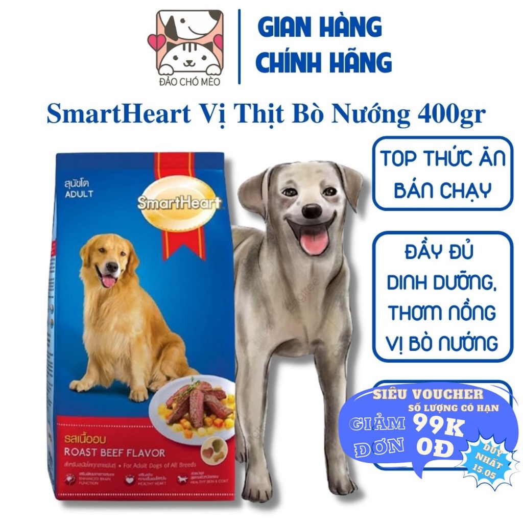 [Mã PET50 giảm 10% - tối đa 50K đơn 250K] Thức ăn cho chó lớn SmartHeart hạt khô Vị Thịt Bò Nướng 400gr - Đảo Chó Mèo