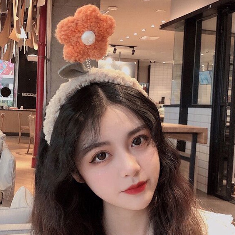 Băng Đô Cài Tóc Rửa Mặt Bằng Vải Lông Cừu Đính Hoa Nhỏ Dễ Thương Phong Cách Hàn Quốc Cho Nữ
