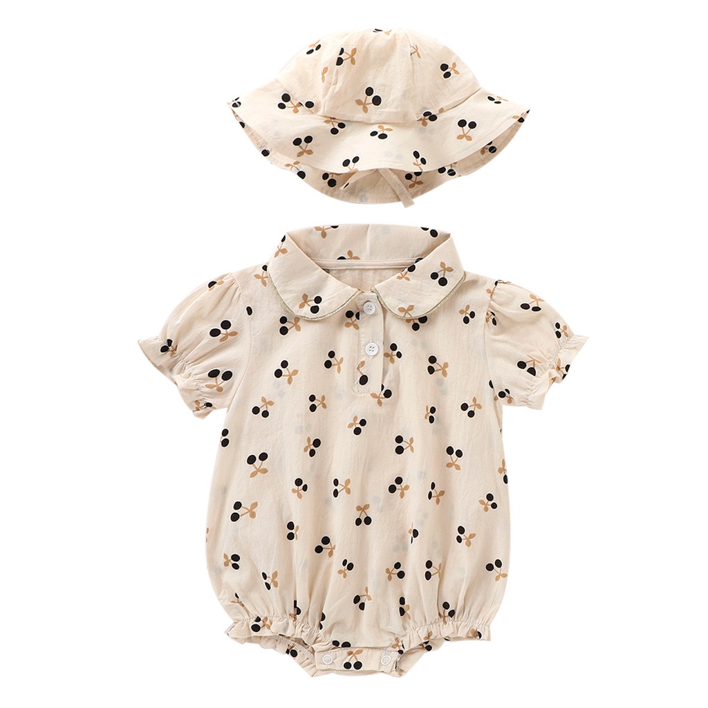 Set Áo Liền Quần Tay Ngắn + Nón Dễ Thương Thời Trang Cho Bé Gái