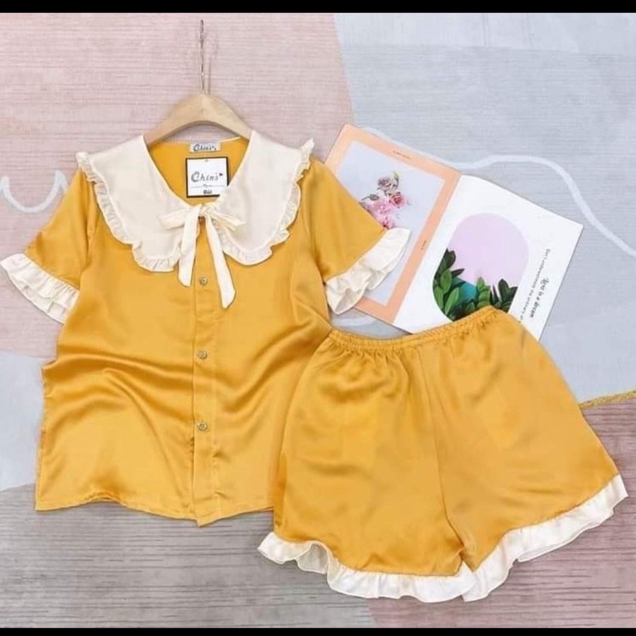 Bộ Pijama Tiểu Thư FREESHIPBộ Đồ Ngủ Trơn Phối Cổ Bèo Dễ Thương