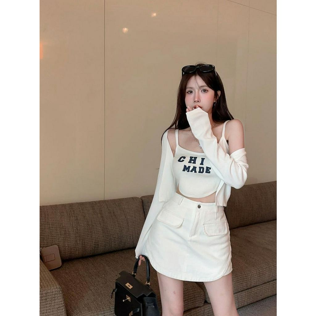 SET 3 MÓN CHỮ LAI BẦU: ÁO KHOÁC TAY DÀI + ÁO 2 DÂY CHỮ CROPTOP LAI BẦU + CHÂN VÁY (TH)