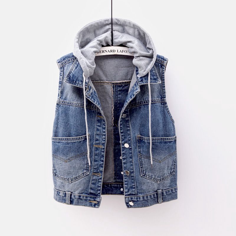 Áo khoác jean denim sát nách ngắn có nón mỏng dáng rộng đa năng thời trang xuân thu mới cho nữ 5XL | BigBuy360 - bigbuy360.vn