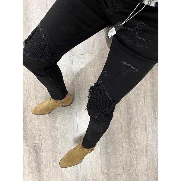Quần jean đen nam vá nhăn đen khâu viền,Quần bò nam vá nhăn Aimiri rách gối dáng slimfit