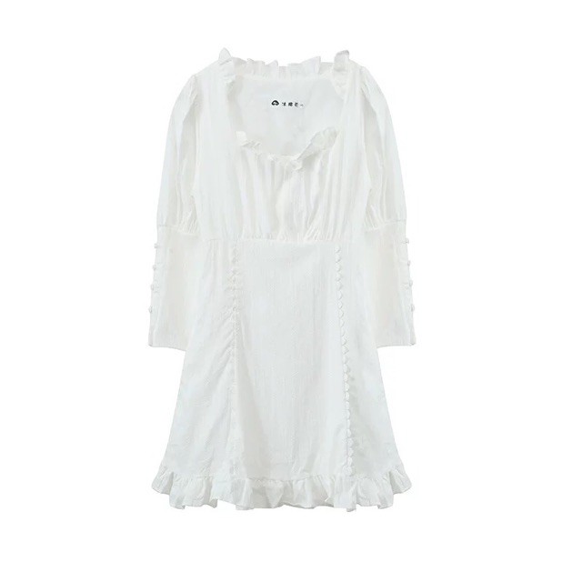 (Sẵn) Váy trắng cổ vuông tay dài Hàn Quốc ( có ảnh thật) Đẹp ⚡