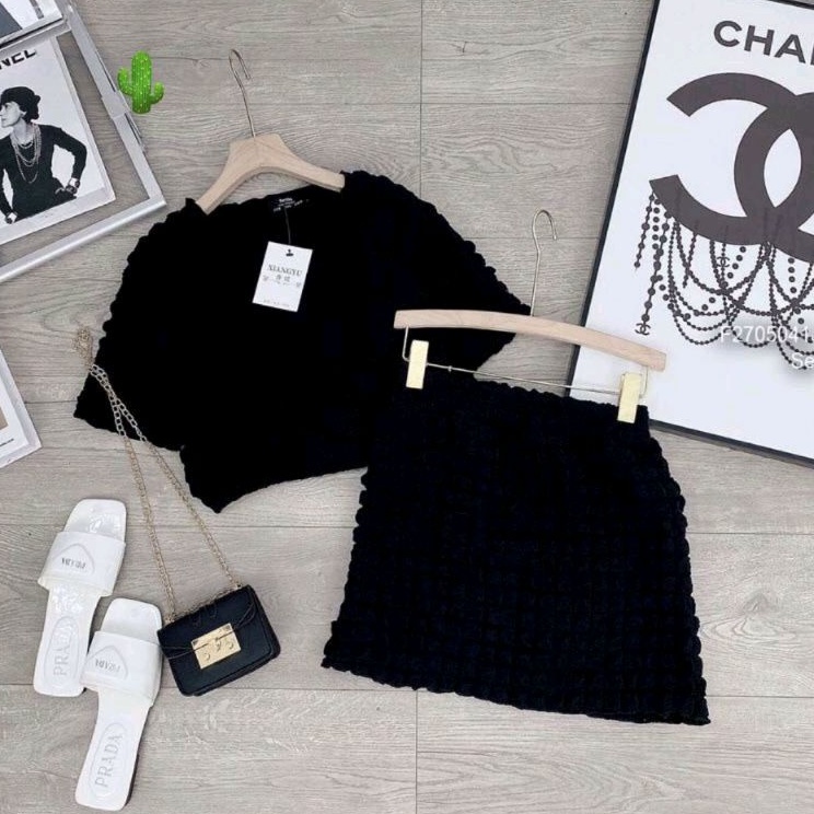 Sét áo Xốp croptop bo eo &amp; chân váy ôm tôn dáng. PC