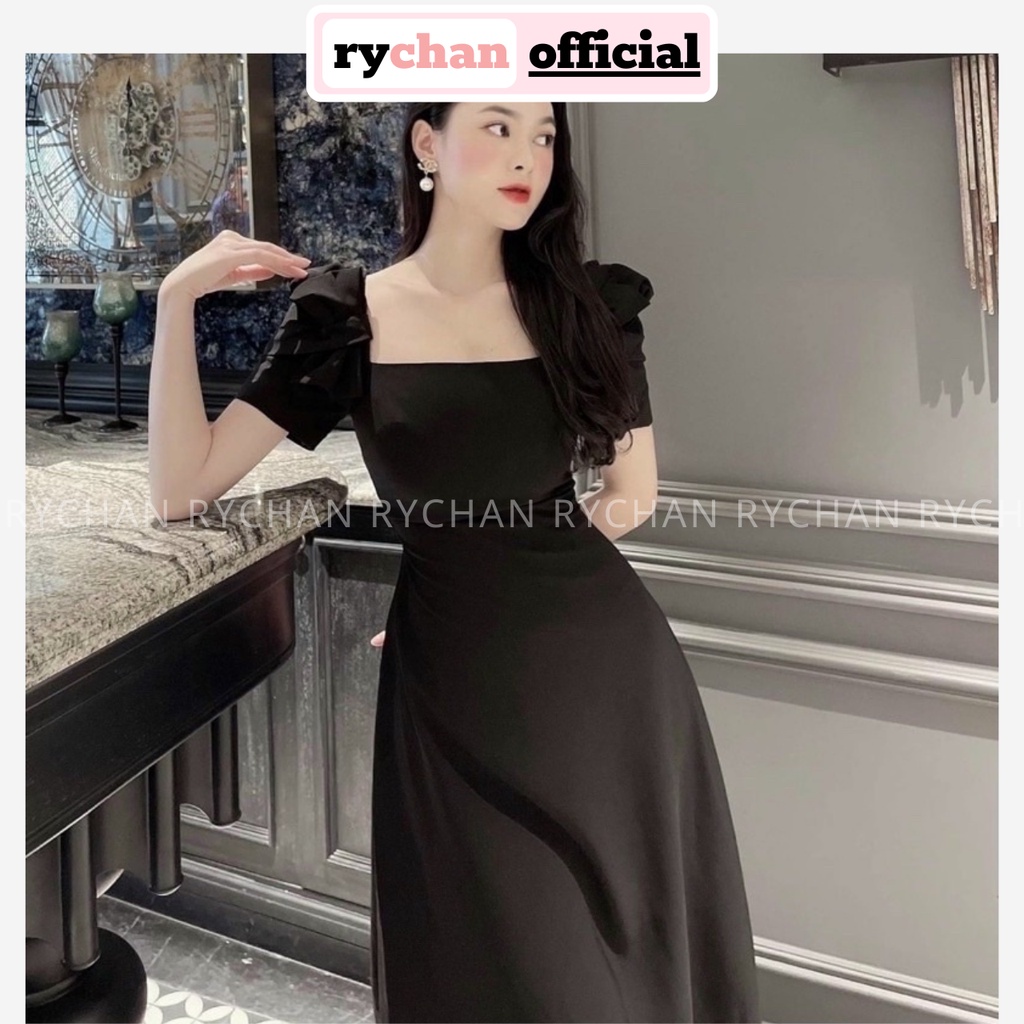 Đầm Nữ Dự Tiệc Dáng Dài Cổ Vuông Tay Phống Nhún Bo Eo Xếp Nơ Sang Chảnh Màu ĐenTrắng - DX9863