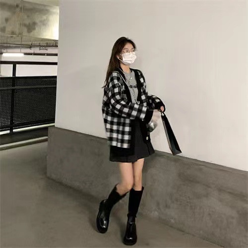 Áo khoác cardigan thu đông  nữ kẻ caro siêu dày khuy vuông phong cách Hàn Quốc P822