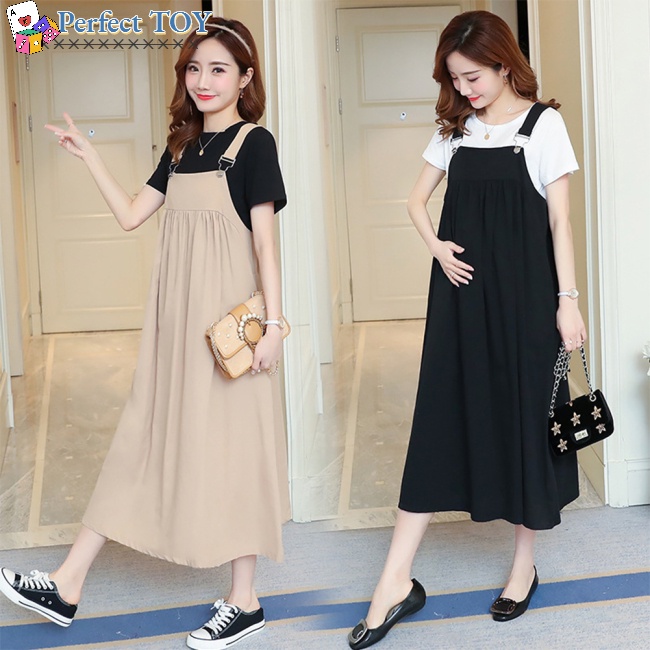 Set Áo Thun Ngắn Tay 2 Dây + Váy Yếm Cotton Màu Sắc Đơn Giản Cho Mẹ Bầu