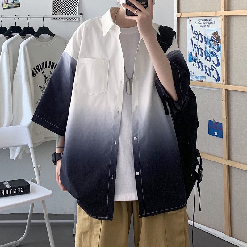 Áo Sơ Mi Tay Ngắn Dáng Rộng Màu Sắc Gradient Phong Cách Retro Hàn Quốc Cho Nam Giới