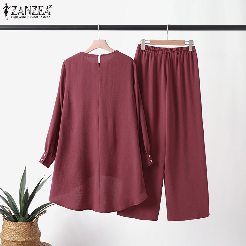 Zanzea Set Áo Thun Ngắn Tay Cổ Tròn + Quần Dài Ống Rộng Thời Trang Nữ
