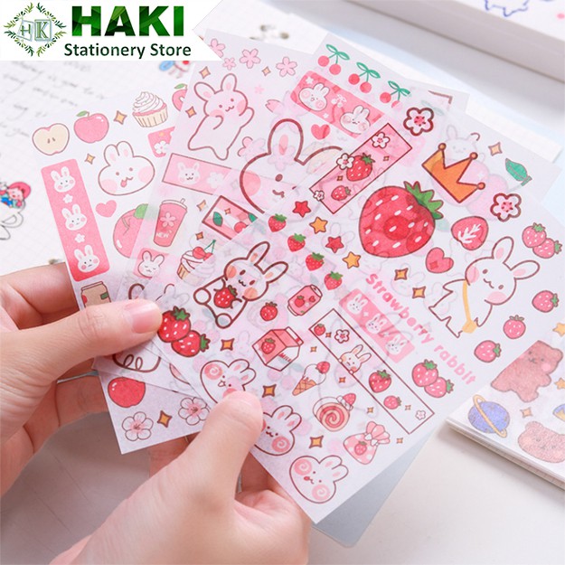 Sticker cute thỏ gấu HAKI, hình dán cute 4 tấm sticker trang trí sổ đáng yêu dễ thương giá rẻ ST22