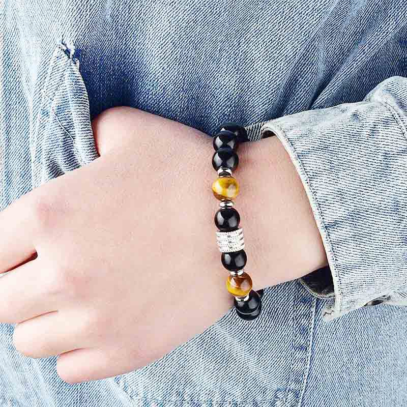 Vòng Tay Co Giãn Đính Đá Mắt Hổ Bằng Thép Không Gỉ 10MM