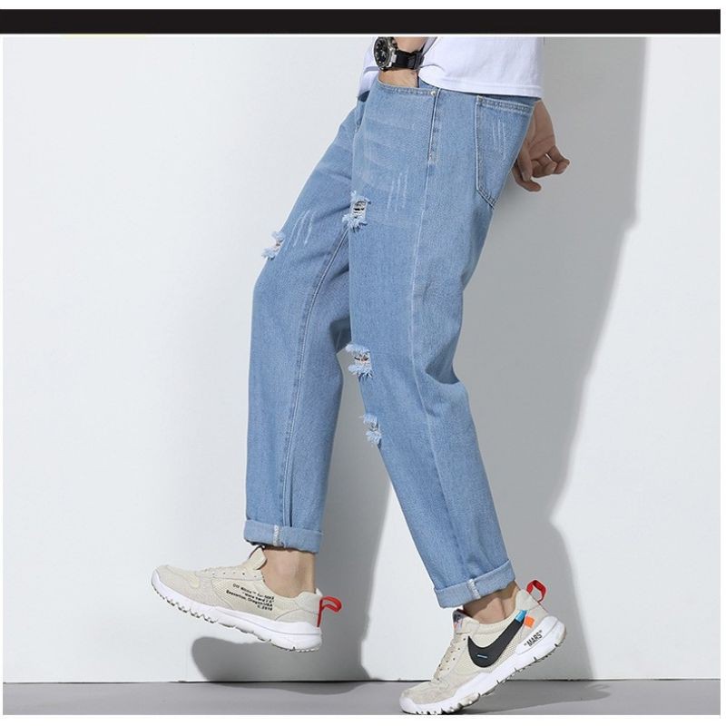 Quần jean rách nam nữ màu xanh baggy mặc hè | BigBuy360 - bigbuy360.vn