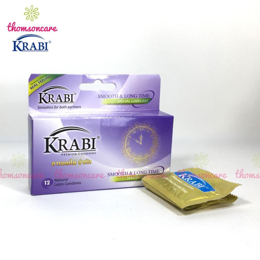 Bao cao su Krabi - bcs gân gai siêu mỏng, kéo dài thời gian bôi trơn, 49mm đôn dên - Hộp 12 chiếc condom từ Thái Lan xịn