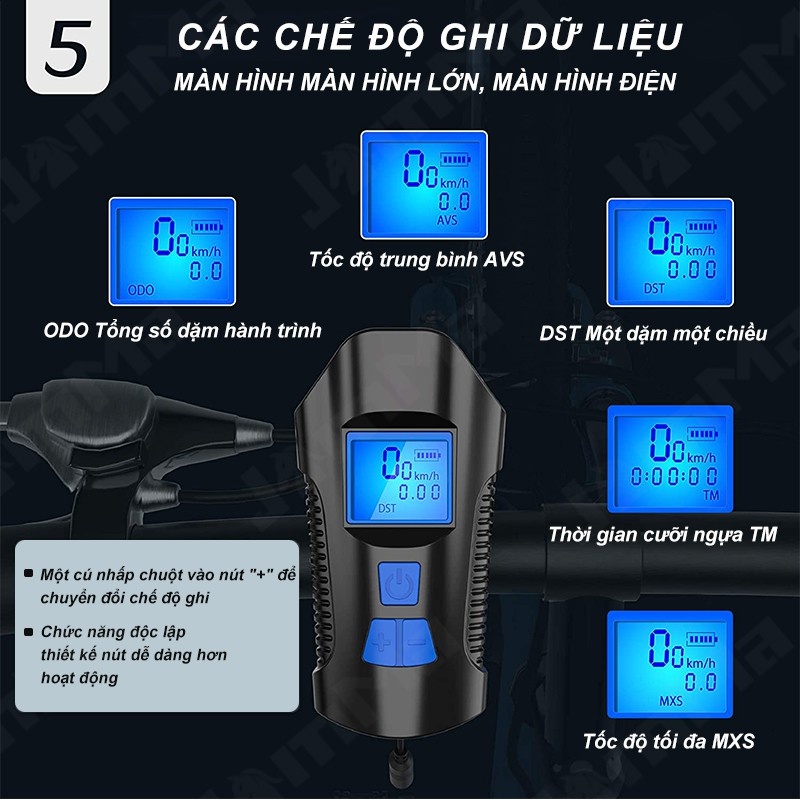 Đèn pha xe đạp chống thấm nước 4 chế độ chiếu sáng 6 kiểu còi có cổng sạc USB tiện lợi