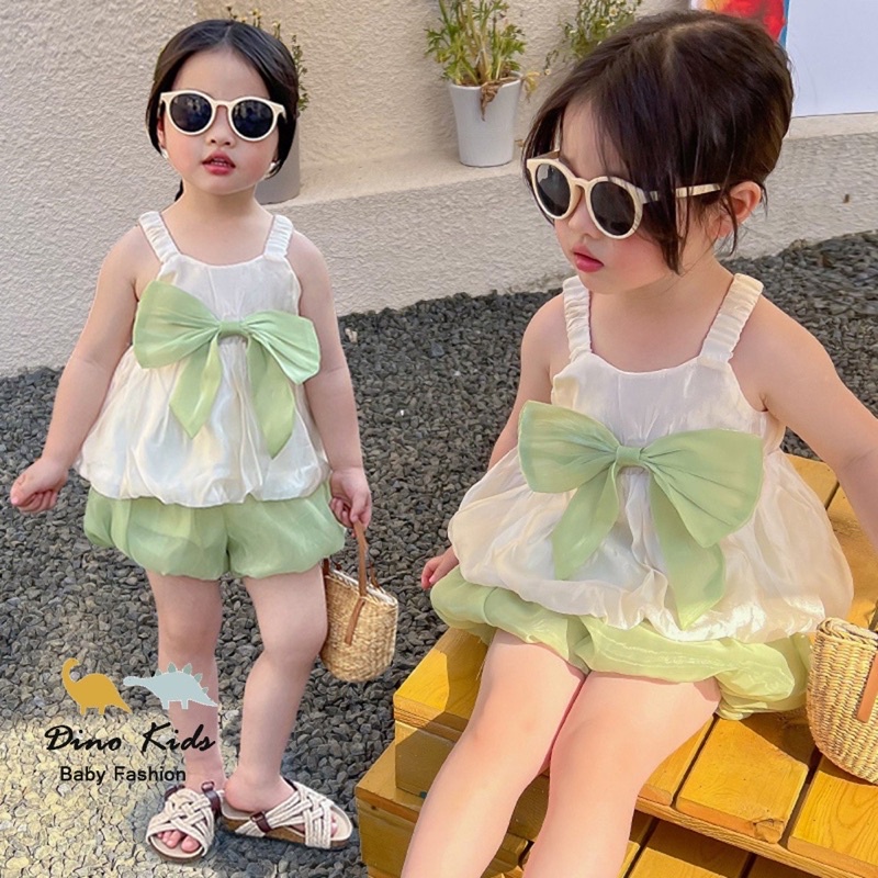 Bộ áo voan tơ 2 dây phối nơ + quần bồng cho bé gái