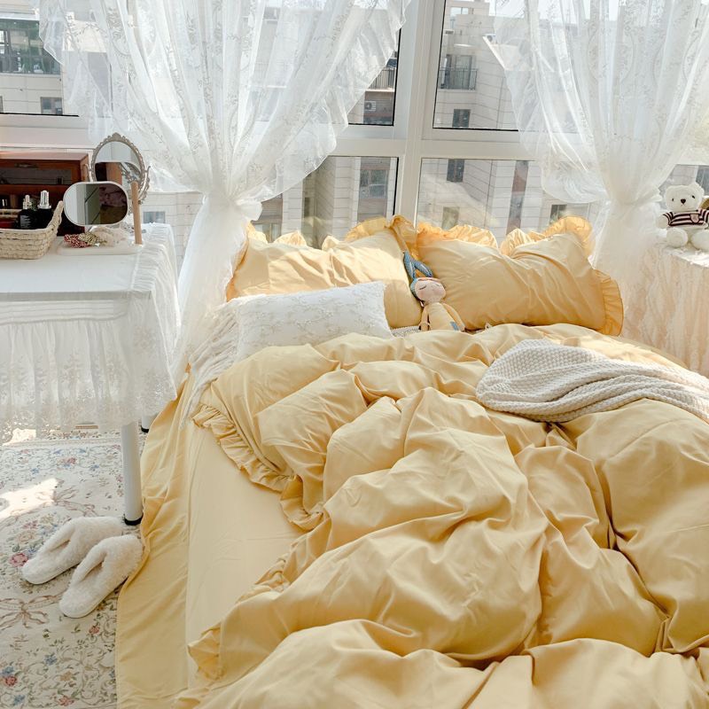 Bộ chăn ga gối Viền bèo đáng yêu cotton tici, drap bánh bèo Hàn quốc - Màu vàng chanh.