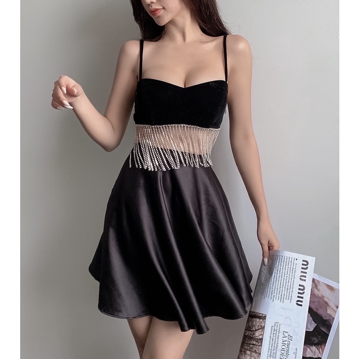 Áo croptop đính đá tua rua & chân váy lụa tự cột dây-BLING TOP X SILK SKIRT