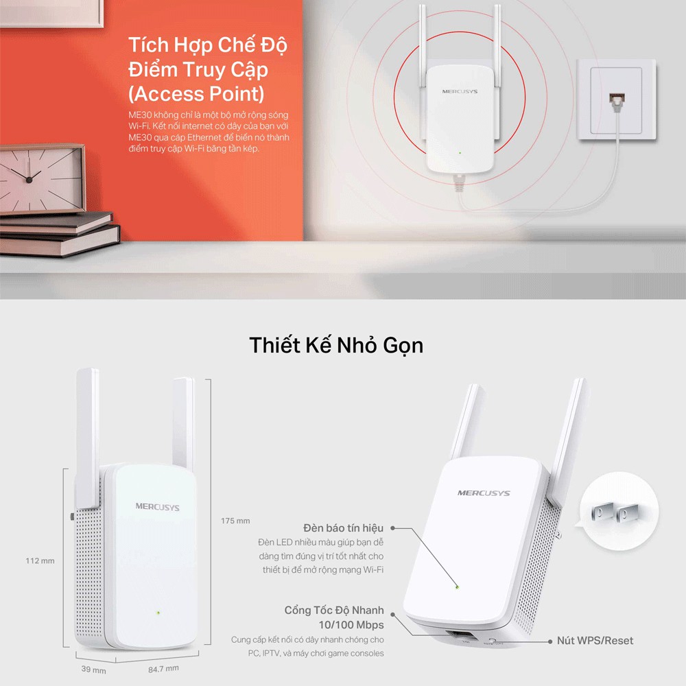 Bộ Mở Rộng Sóng Wifi Mercusys ME30 Chuẩn AC 1200Mbps