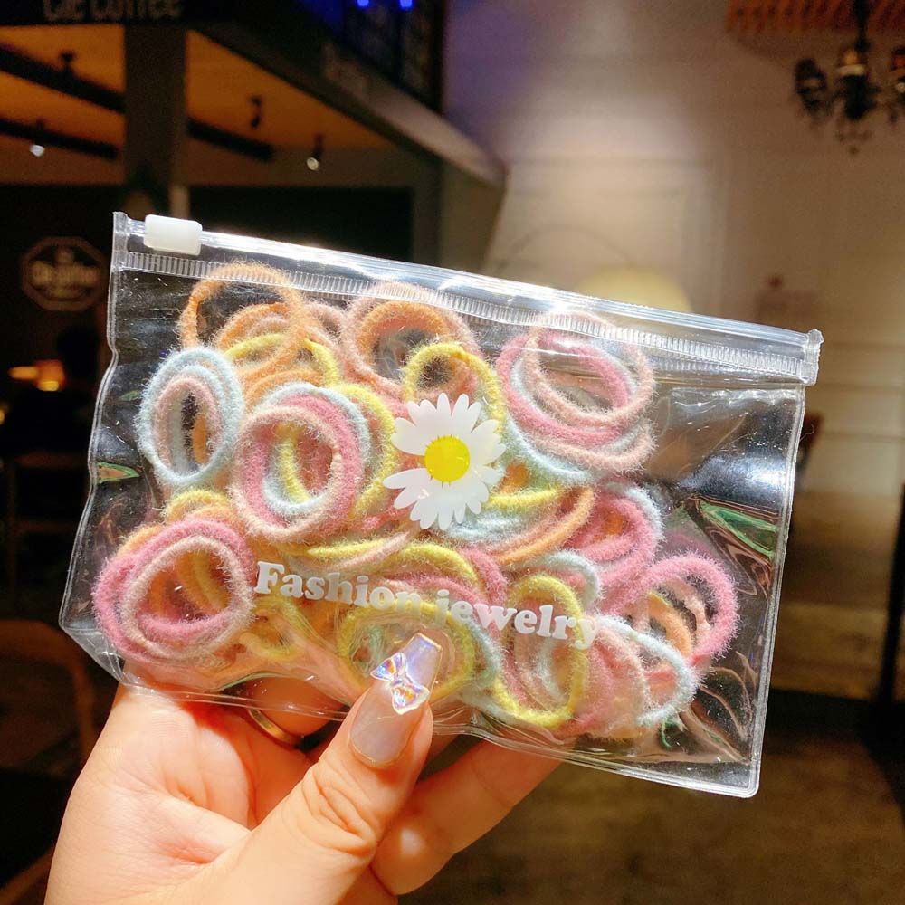 Set 100 dây buộc tóc co giãn bọc vải bông nhiều màu sắc dễ thương cho bé gái