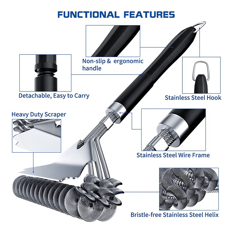 Bộ Cọ Và Dụng Cụ Cạo Làm Sạch Vỉ Nướng BBQ Bằng Thép Không Gỉ An Toàn