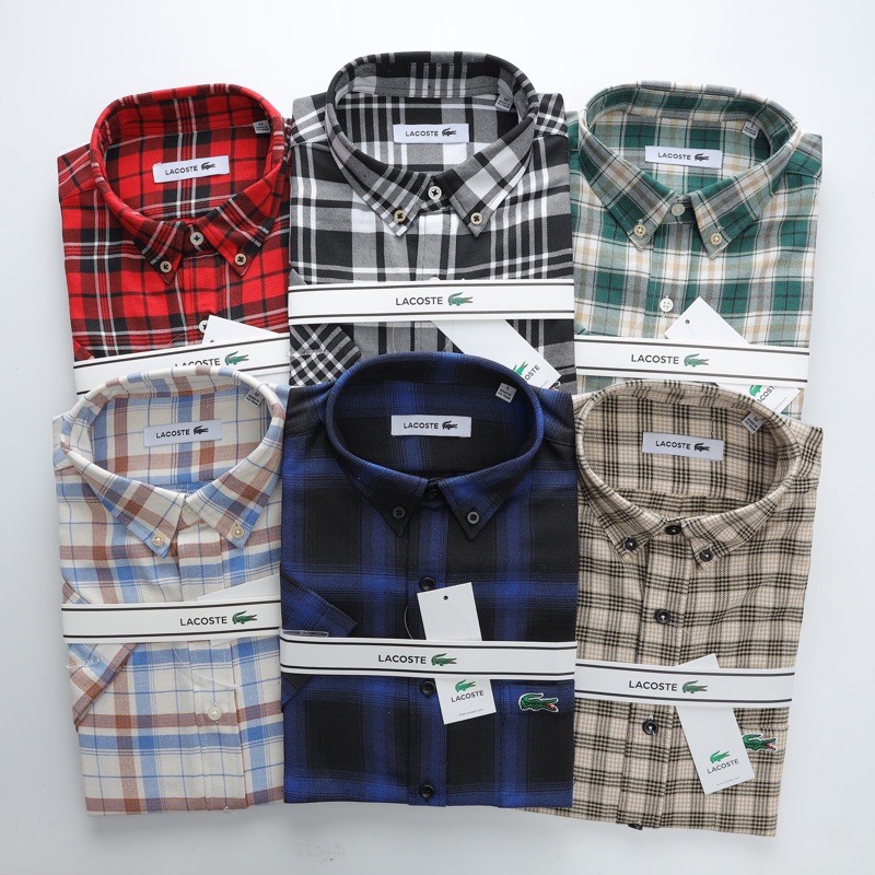 Áo sơ mi cộc tay cotton dạ caro cổ 2 khuy túi ngực Lcst