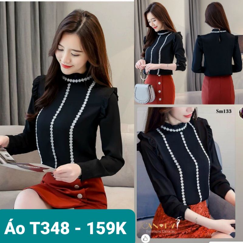 Áo kiểu nữ tay dài màu đen phối viền trắng