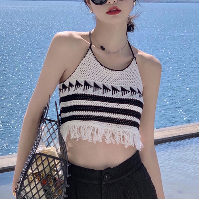 Áo Hai Dây Dệt Tay Phối Tua Rua Thời Trang Mùa Hè Quyến Rũ Cho Nữ