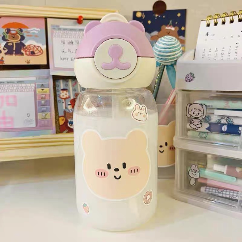 Bình nước gấu nhựa Cute - Tặng kèm ống hút + Túi gấu Da PU + Sticker 2D
