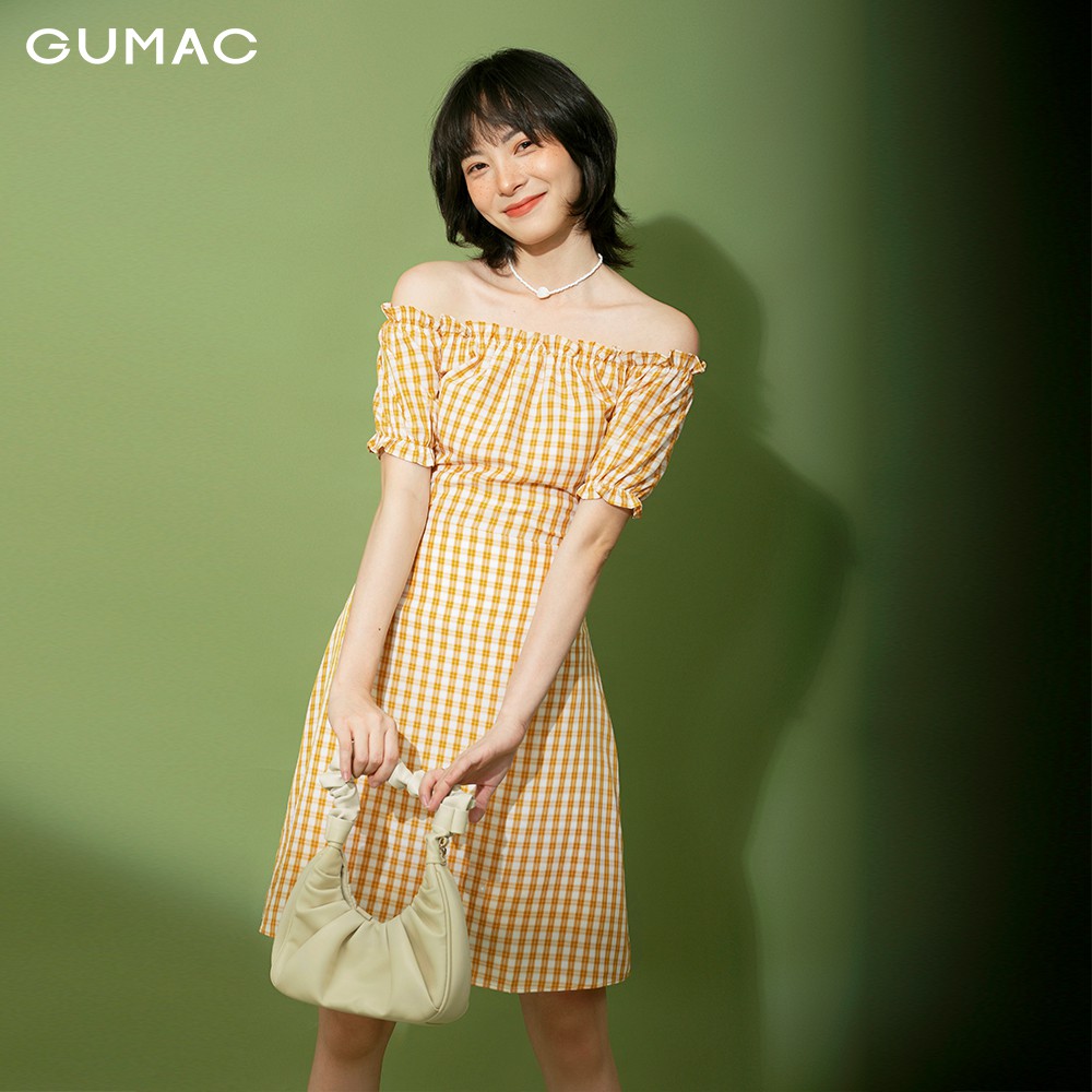 [Mã MABR07062 giảm 8% tối đa 50K đơn từ 249K] Đầm nữ ôm GUMAC caro bẹt vai ngắn tay năng động DB1169 | BigBuy360 - bigbuy360.vn