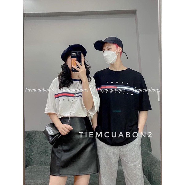 Áo phông xanh phối vải màu đỏ trắng, áo thun tay lỡ form unisex