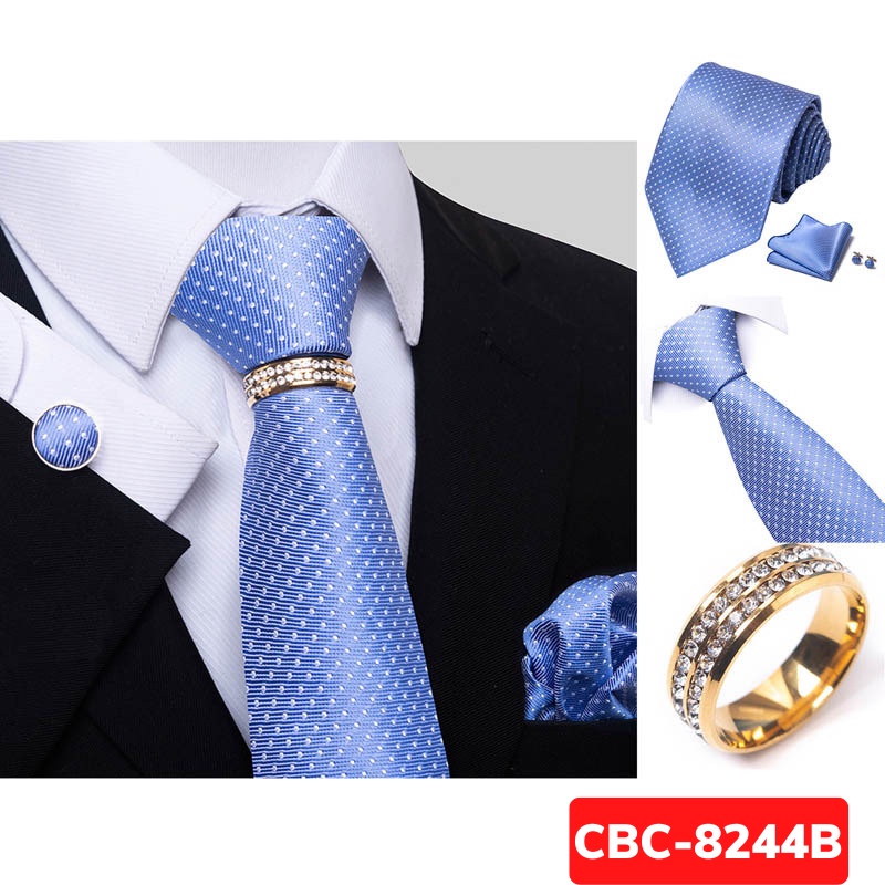 Bộ Cà vạt 4 món gồm Cavat 8cm, khăn cài túi, Măng-set, Nhẫn tròn phụ kiện sang trọng, Cravat chú rể, Calavat công sở