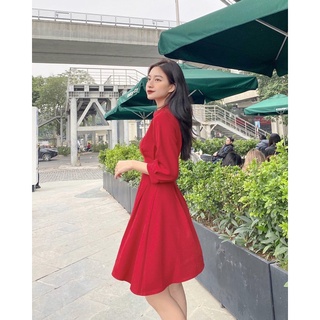 váy đỏ cổ viền khuy bọc (v4017)