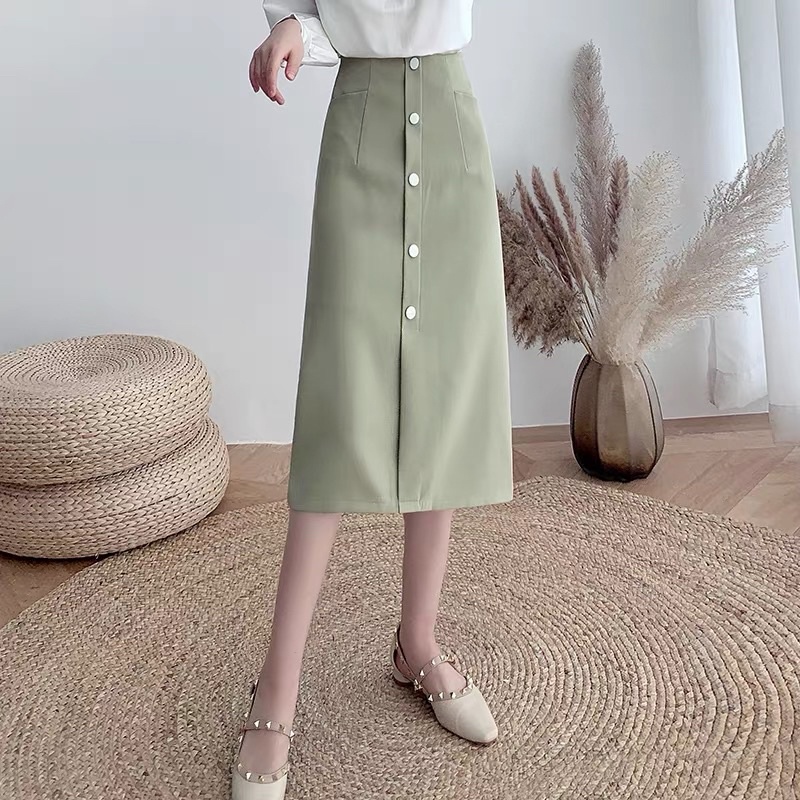 Chân Váy Chữ A Dáng Dài Xẻ Trước Phối Cúc Giữa Váy Thời Trang