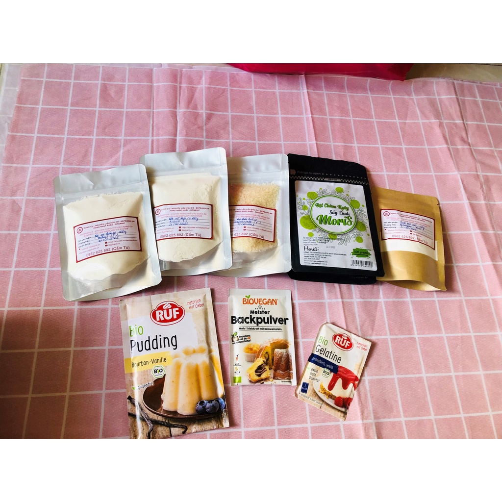 Bột mì/ Bột năng/ Tinh bột bắp/ Men nở/ Getalin/ Bột nở/ Pudding Vani/ Vụn dừa/ Nguyên liệu làm bánh hữu cơ