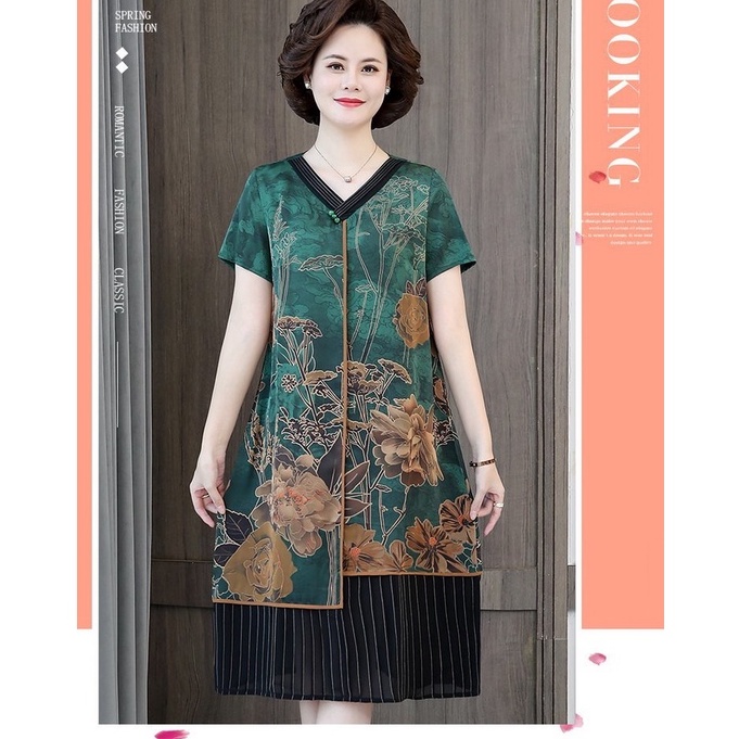 Sườn Xám Cách Tân Dáng Rộng Thời Trang Mùa Hè Hàng Mới Cho Nữ Trung Niên Cỡ Lớn