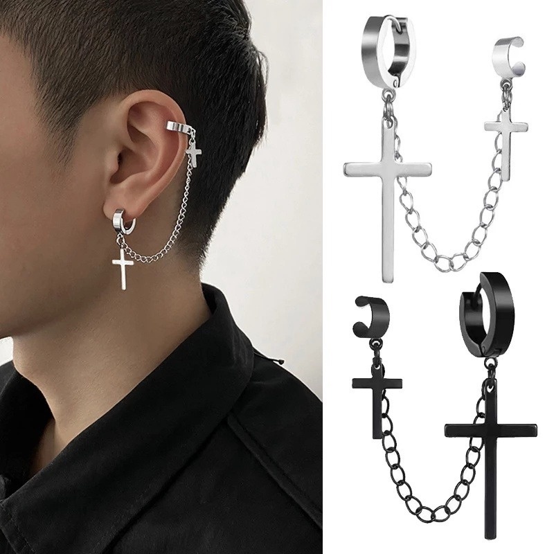 Set 2 Khuyên Tai / Khuyên Tai Dạng Chuỗi Xích Đôi / Hình Thánh Giá Bằng Hợp Kim Phong Cách Punk Hip Hop Cá Tính Unisex