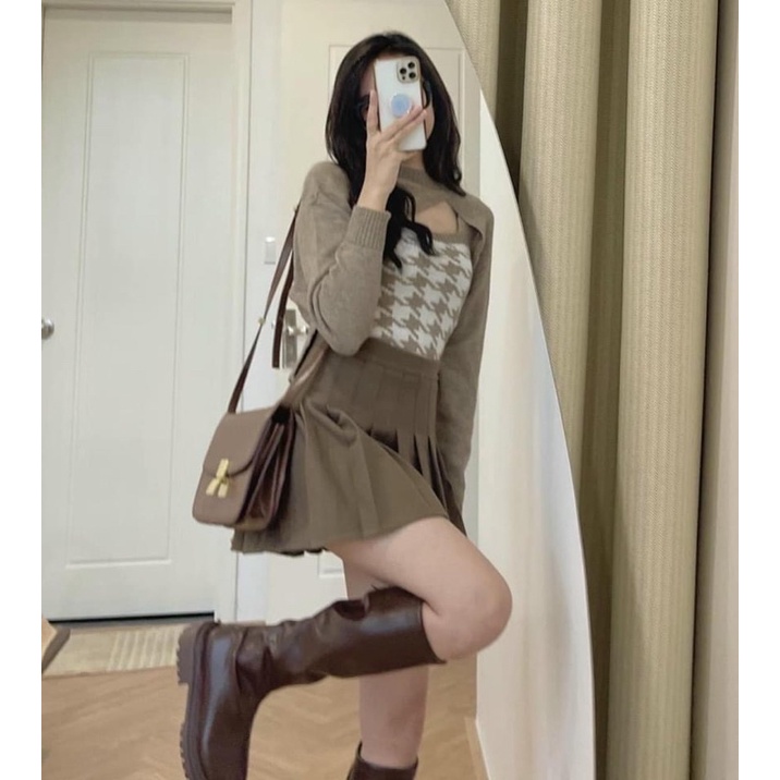 Set áo hai dây kẻ răng sói kèm cadigan chéo cổ ba màu xinh | BigBuy360 - bigbuy360.vn