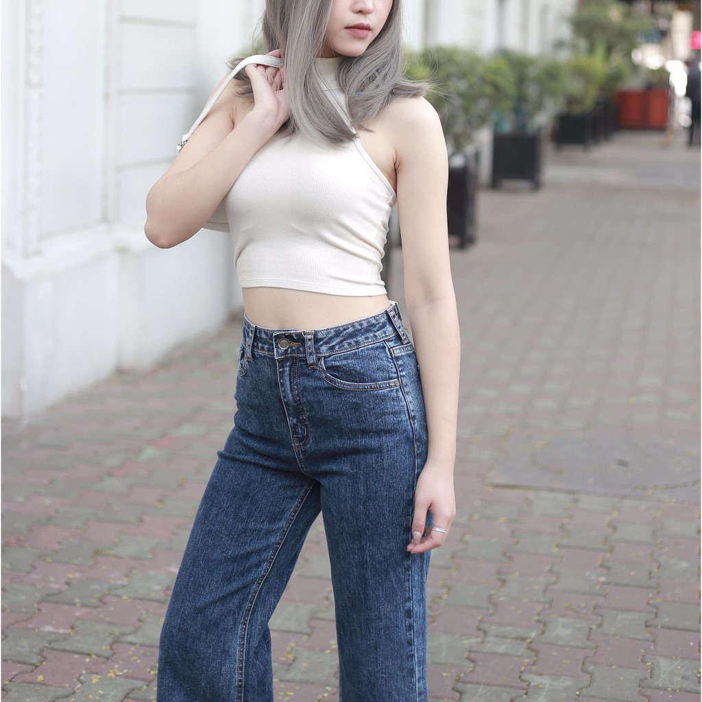 Quần jeans ống rộng 02 màu khói đá - kiểu gấu mới