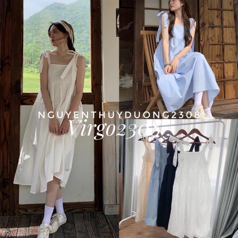 [Ảnh thật/Sẵn]Váy thô đũi dáng babydoll 2 dây nơ vai/Đầm thô đũi babydoll | BigBuy360 - bigbuy360.vn