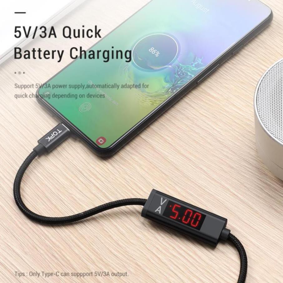 Cáp Sạc Nhanh TOPK AC36 Hiển Thị Điện Áp Và Dòng Điện 2 Trong 1 QC3.0 Micro USB Cho iPhone Samsung Xiaomi Dài 1M tphcm