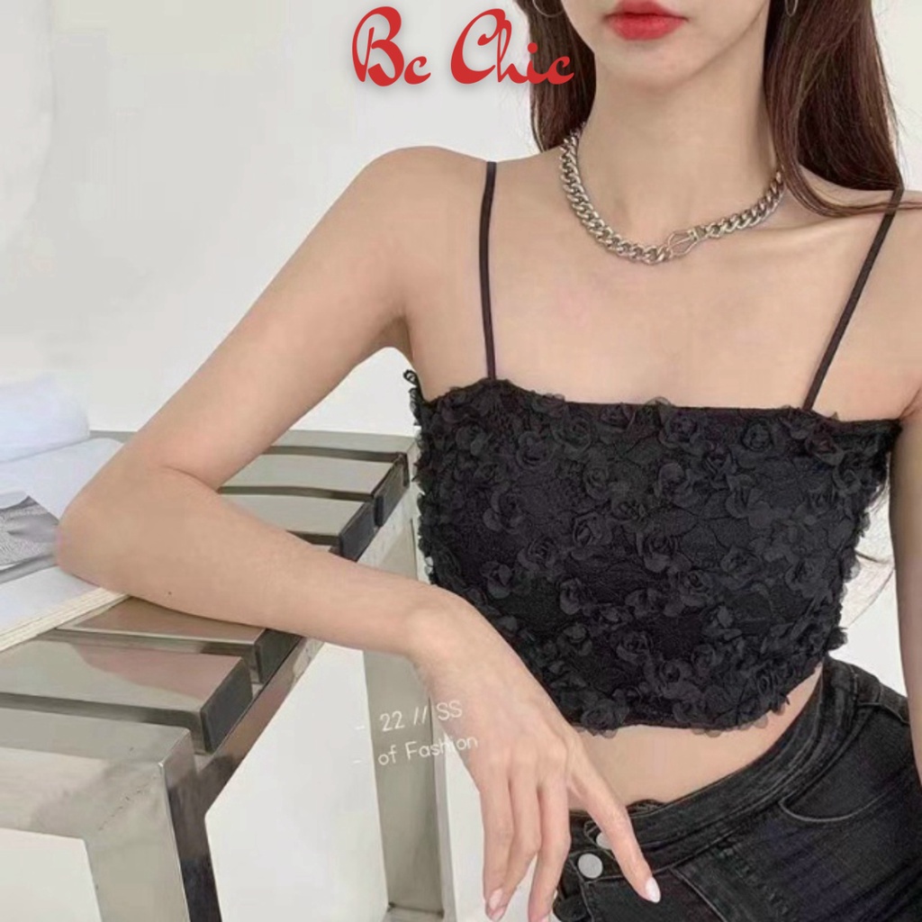 Áo bra ren 2 dây dáng croptop cao cấp,áo ngực kèm mút nâng,áo quây ngực 2 dây ren hoa hồng B586 BC_CHIC LINGERIE