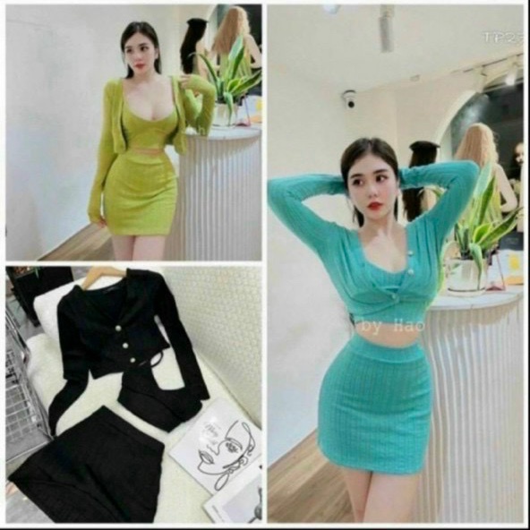 set bộ gân gồm 3 món gồm áo 2 dây cổ v, áo khoác, chân váy ngắn