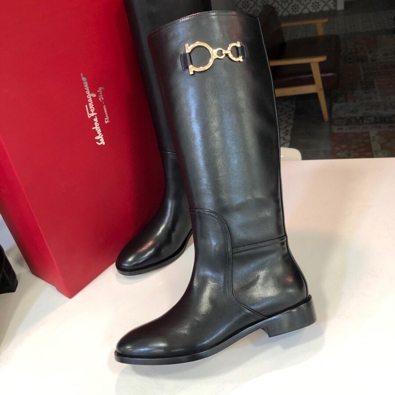 Bốt nữ cổ cao da thật thương hiệu Salvatore Ferragamo cao cấp màu đen trơn đơn giản