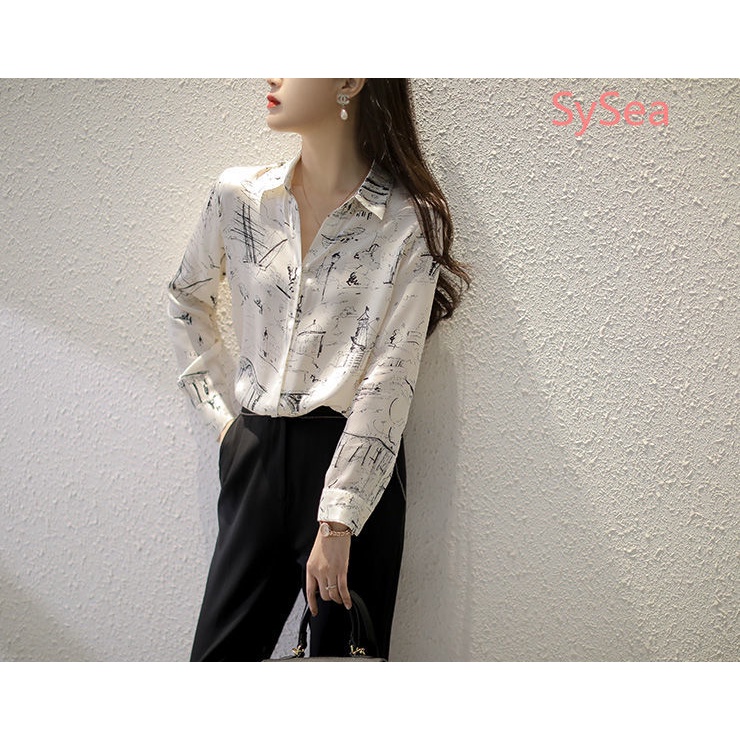 Áo Sơ Mi Voan Tay Dài In Họa Tiết Cá Tính Trẻ Trung Phong Cách Hàn Quốc Cho Bạn Gái