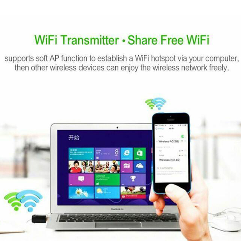 Thiết bị bắt sóng WiFi không dây AC 150Mbps Lan 802.11 băng tần kép 2.4G/5G đầu cắm USB cho máy tính