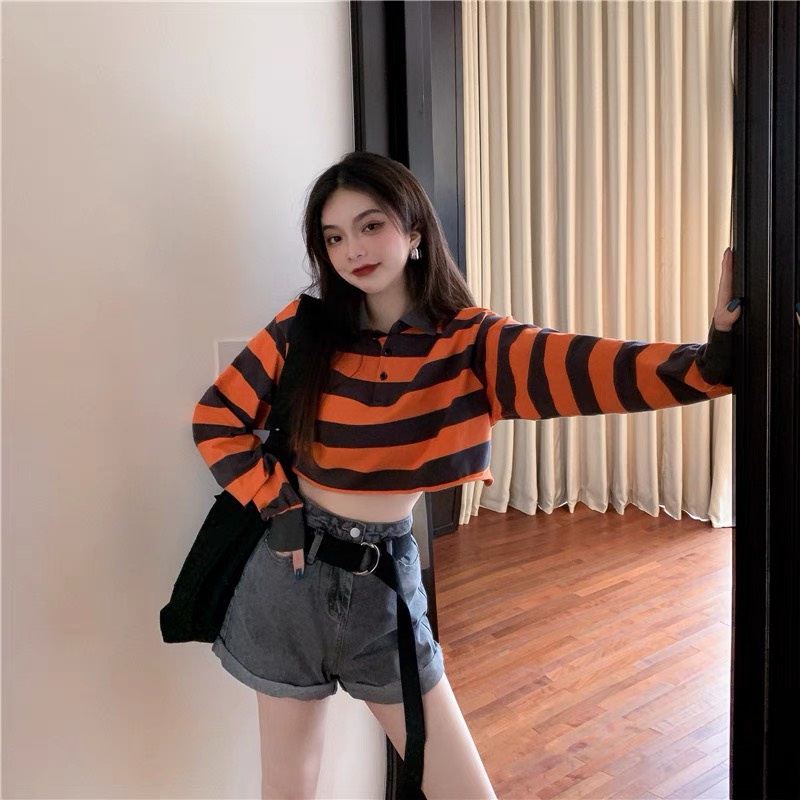 Áo CROPTOP POLO kẻ đen cam cá tính